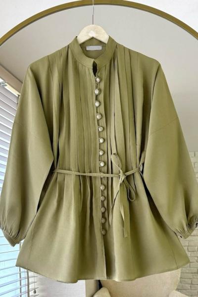 Brit Düğmeli Nervürlü Gömlek Yeşil