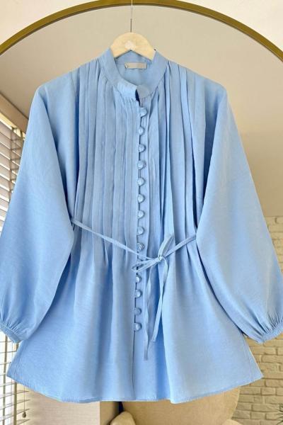 Brit Düğmeli Nervürlü Gömlek Mavi