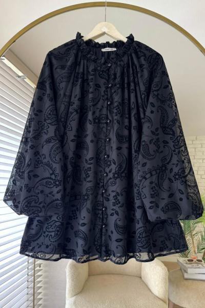 Şal Desen Floklu Gömlek Siyah