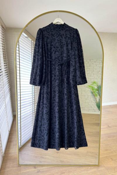 Floklu Tül Elbise Siyah