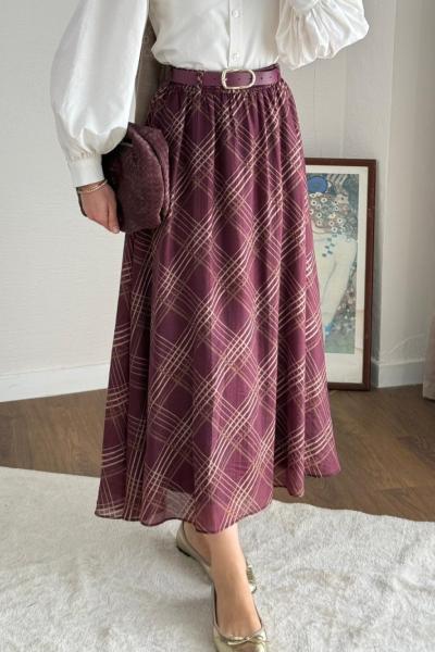 Desenli Kemerli Şifon Etek Bordo