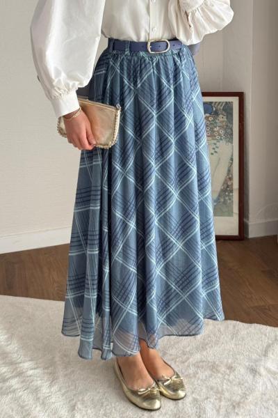 Desenli Kemerli Şifon Etek Mavi