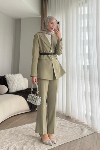 Kemerli Double Ceketli Takım