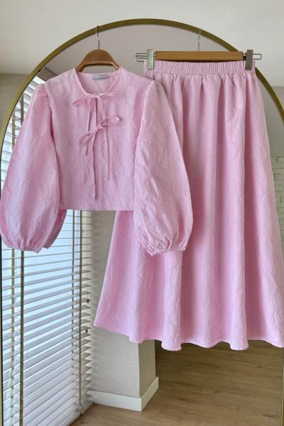 Çiçek Desen Etekli Keten Takım