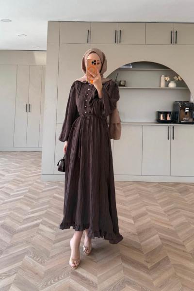 Asimetrik Fırfırlı Piliseli Elbise