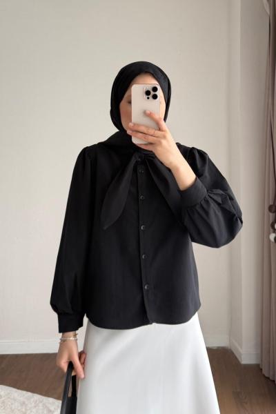 Yakası Bağcıklı Kısa Poplin Gömlek