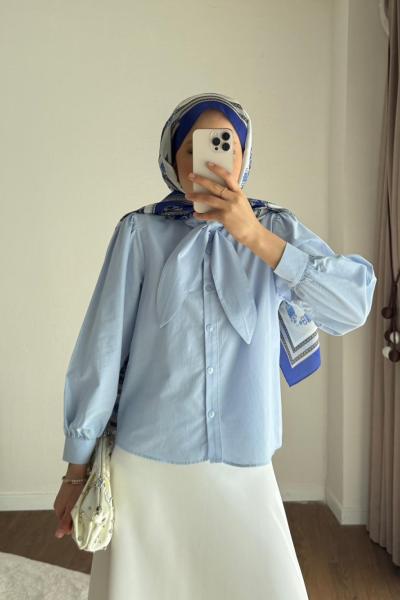 Yakası Bağcıklı Kısa Poplin Gömlek