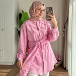 Beli Kuşaklı Armürlü Gömlek Pembe