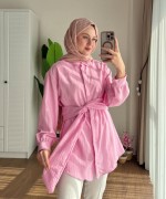 Beli Kuşaklı Armürlü Gömlek Pembe