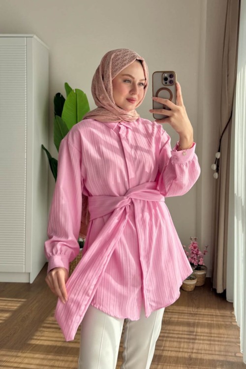 Beli Kuşaklı Armürlü Gömlek Pembe