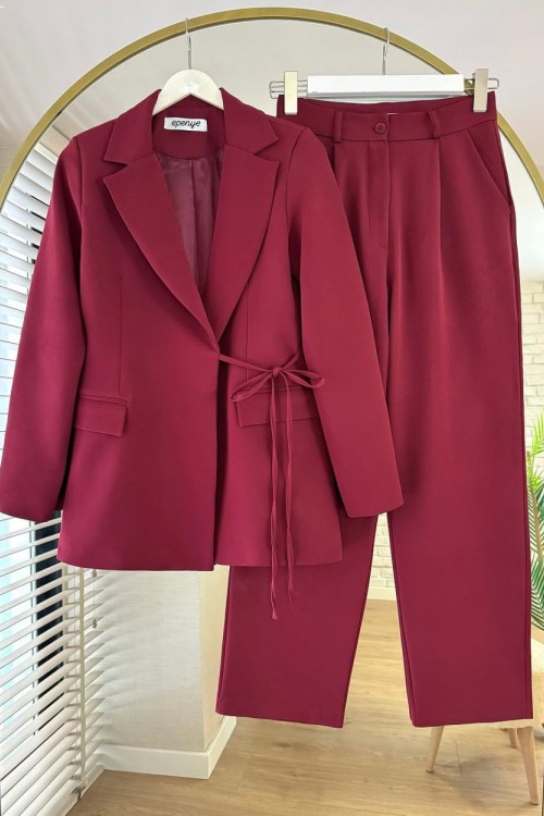 Yandan Bağlamalı Ceketli Takım Bordo