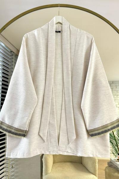 Püskül Nakışlı Keten Kimono Bej