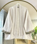 Püskül Nakışlı Keten Kimono Bej