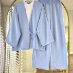 Bağlamalı Keten Kimono Takım Bebe Mavisi