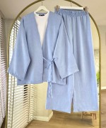 Bağlamalı Keten Kimono Takım Bebe Mavisi