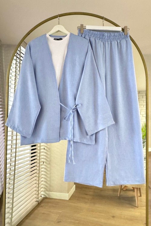 Bağlamalı Keten Kimono Takım Bebe Mavisi