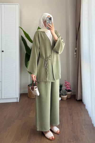 Bağlamalı Keten Kimono Takım Haki