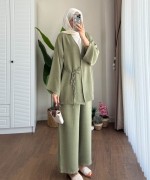 Bağlamalı Keten Kimono Takım Haki