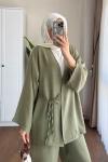 Bağlamalı Keten Kimono Takım Haki