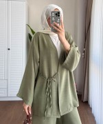 Bağlamalı Keten Kimono Takım Haki