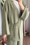 Bağlamalı Keten Kimono Takım Haki
