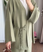 Bağlamalı Keten Kimono Takım Haki