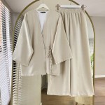 Bağlamalı Keten Kimono Takım Bej