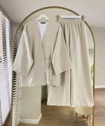 Bağlamalı Keten Kimono Takım Bej