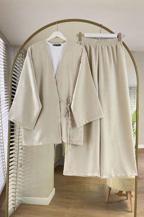Bağlamalı Keten Kimono Takım Bej