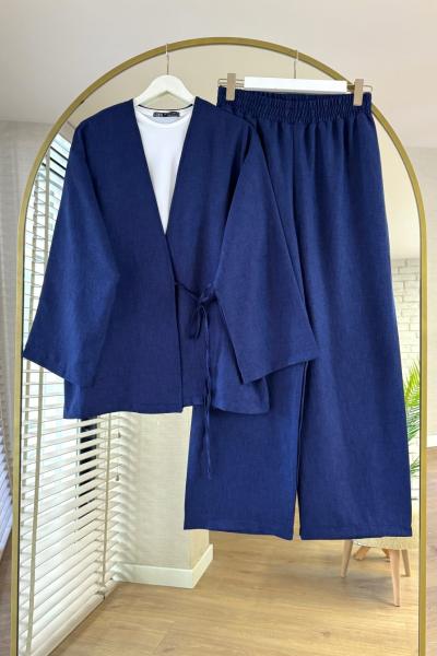 Bağlamalı Keten Kimono Takım Lacivert