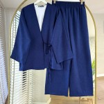Bağlamalı Keten Kimono Takım Lacivert