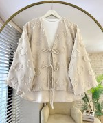 Püsküllü Keten Kimono Bej