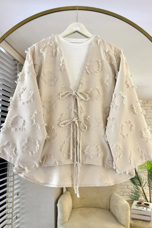 Püsküllü Keten Kimono Bej
