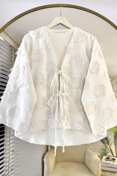 Püsküllü Keten Kimono Ekru