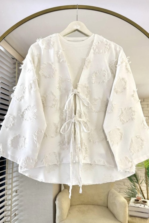 Püsküllü Keten Kimono Ekru