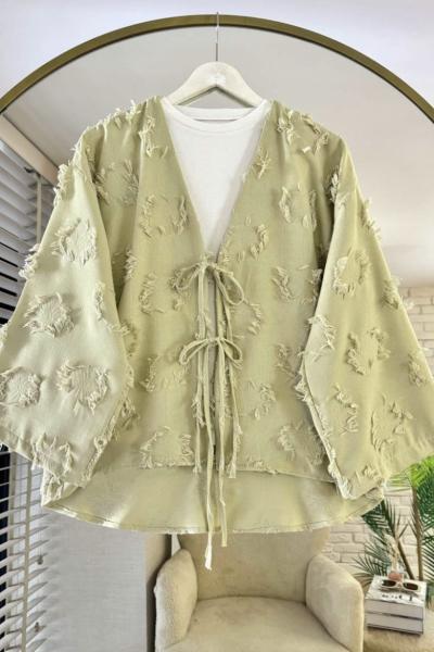 Püsküllü Keten Kimono Çağla Yeşili