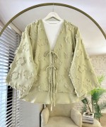 Püsküllü Keten Kimono Çağla Yeşili