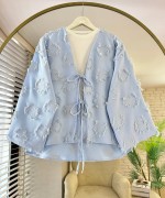 Püsküllü Keten Kimono Bebe Mavisi