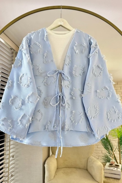 Püsküllü Keten Kimono Bebe Mavisi
