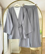 Bağlamalı Keten Kimono Takım Gri