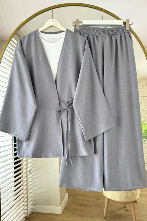 Bağlamalı Keten Kimono Takım Gri