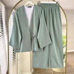 Bağlamalı Keten Kimono Takım Mint Yeşili