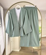 Bağlamalı Keten Kimono Takım Mint Yeşili