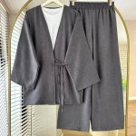 Bağlamalı Keten Kimono Takım Antrasit