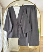 Bağlamalı Keten Kimono Takım Antrasit