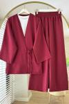 Bağlamalı Keten Kimono Takım Bordo