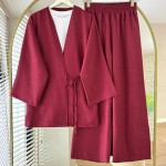 Bağlamalı Keten Kimono Takım Bordo