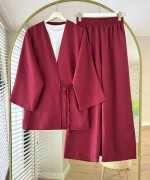 Bağlamalı Keten Kimono Takım Bordo