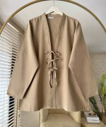 Önü Bağcıklı Gabardin Ceket Camel