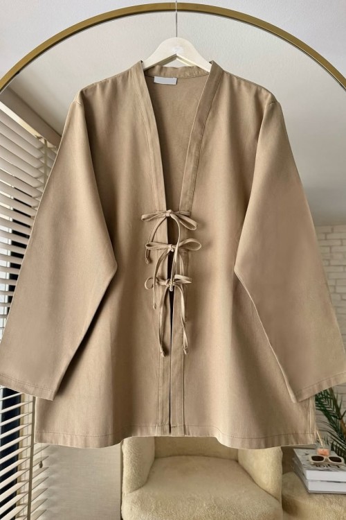 Önü Bağcıklı Gabardin Ceket Camel